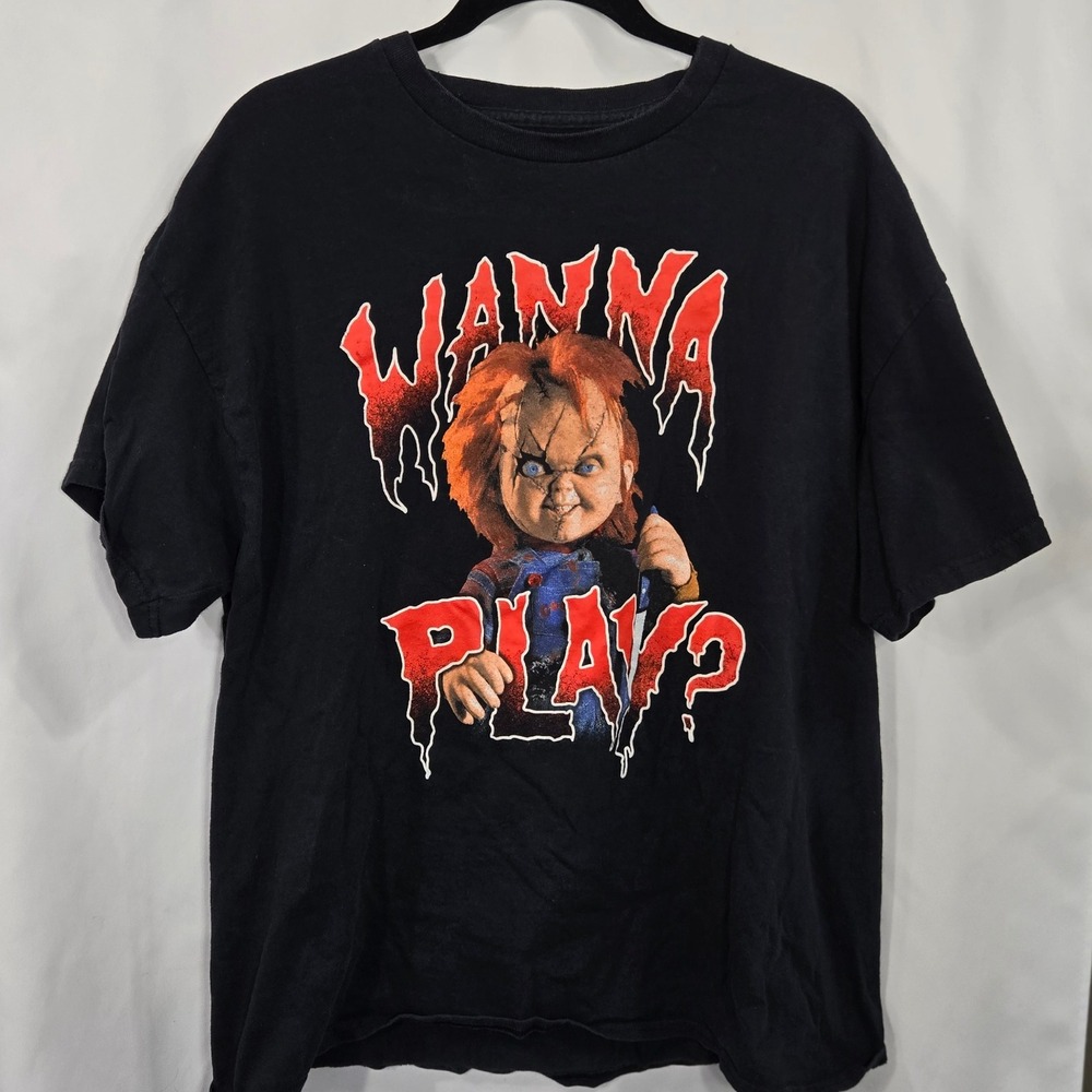 Bride of Chucky T-Shirt Horror Movie Graphic Tee Men's XL Black Wanna Play